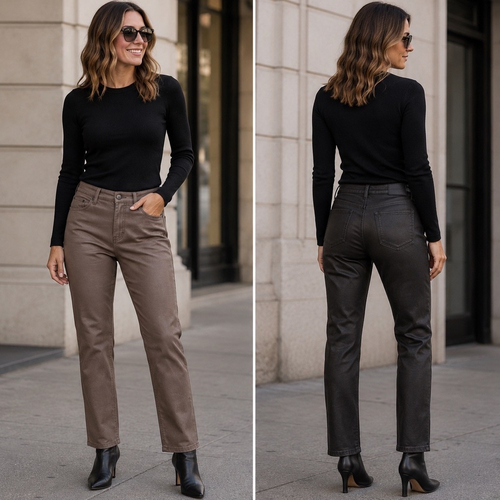 7 For All Mankind Womens 34 Two Tone Brown Denim Black Coated Pants Straight Leg